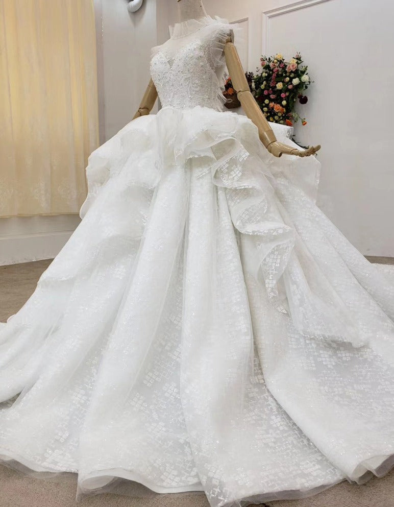 High Neck Lace Applique Cathedral Train Wedding Gown Dress