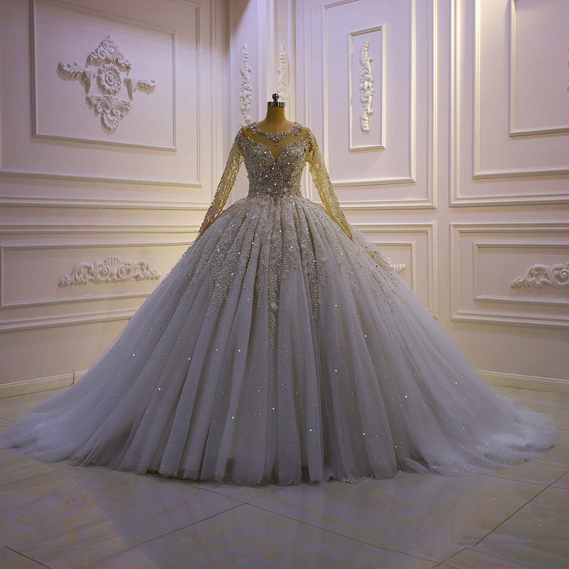 Shiny Sequin Wedding Dress Long-Sleeved Lace Organza Crystal Beaded Bridal Wedding Dress