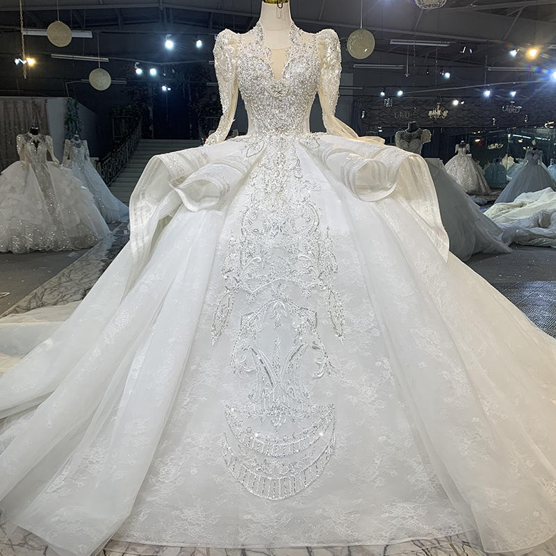 Perfect Stylish V-neck Full Sleeves Pearls Backless Lace Up Wedding Dress - Image 6