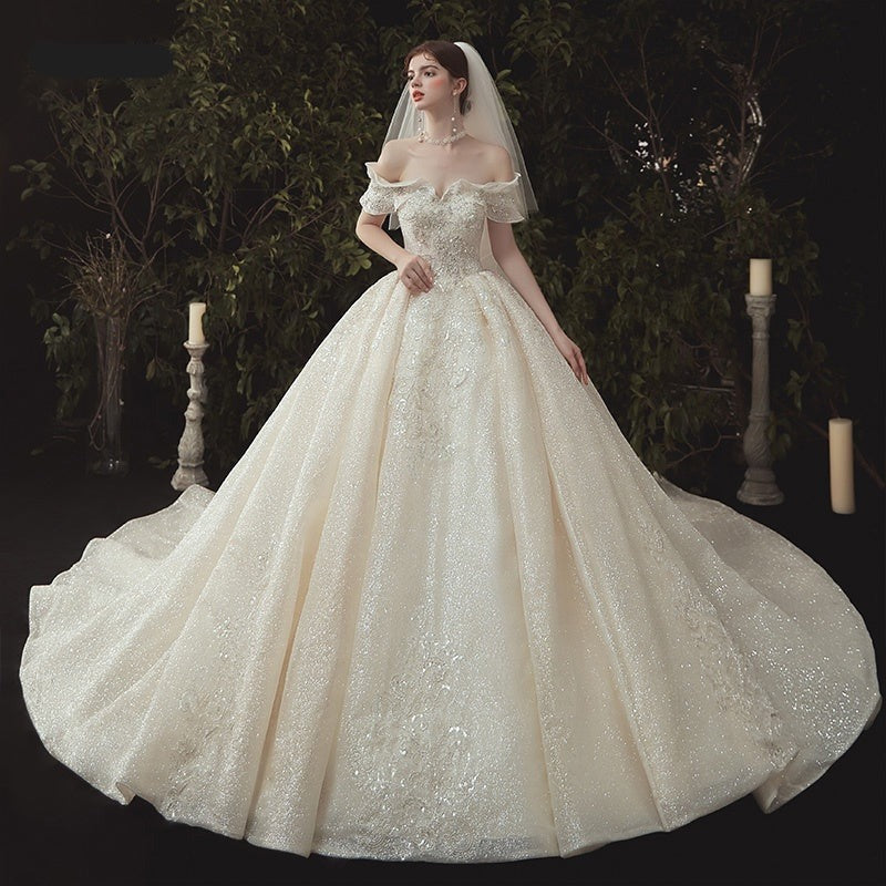 Nigerian Lace Luxury Off Shoulder Long Train Ball Gown Wedding Dress
