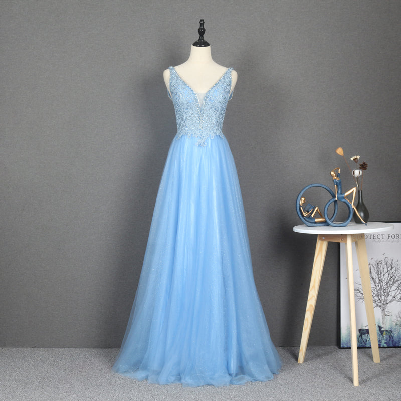 Deep V Neck Beading Sequin Lace Prom Dresses Evening Gowns - Image 3