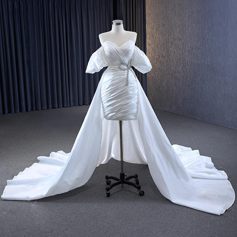Satin Strapless Catwalks Wedding Dress Gown Haute Couture Removable Tail Dress