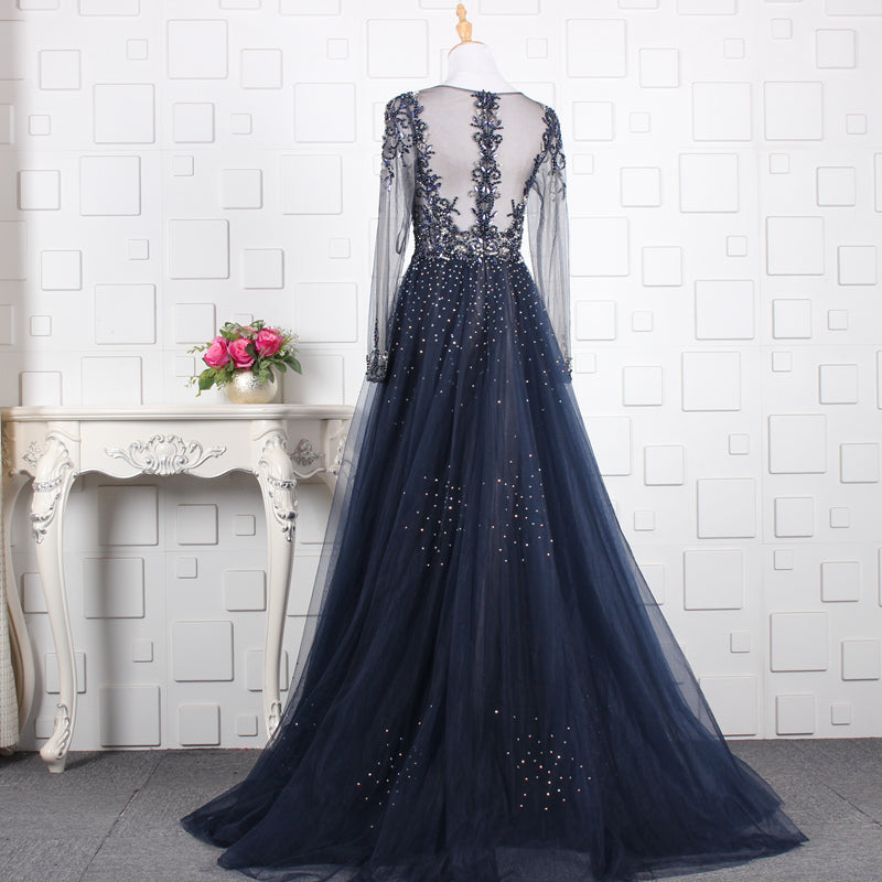 Full Sleeve V-Neck Brush Train Party Dress Illusion Beading A-Line Crystal Evening Dress - Image 3