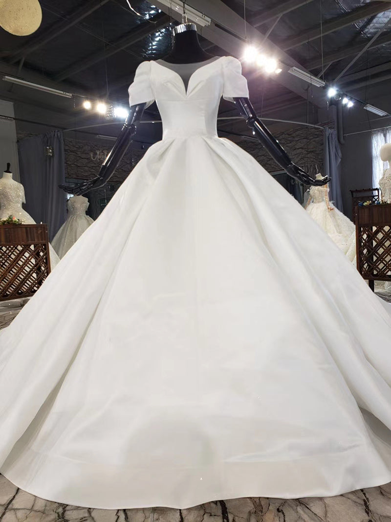 V Neek Satin White Long Train Wedding Dress Ball Gown - Image 4