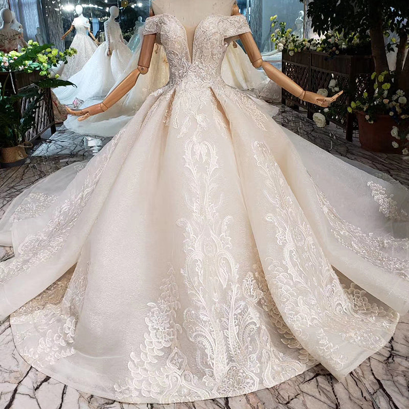 v neck off shoulder glitter fabric wedding dresses - Image 2