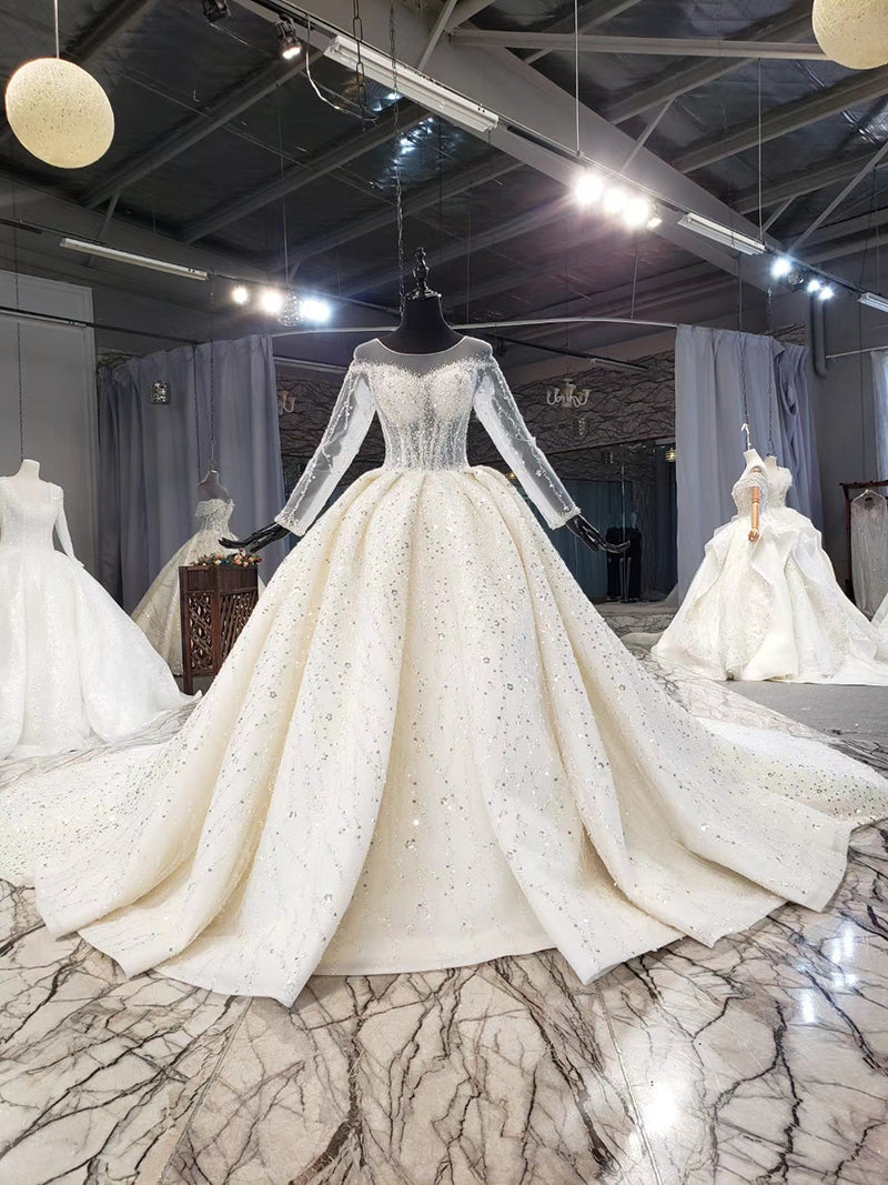 Elegant Long Sleeve Beading Crystal Ball Gown Luxury Wedding Dress - Image 8