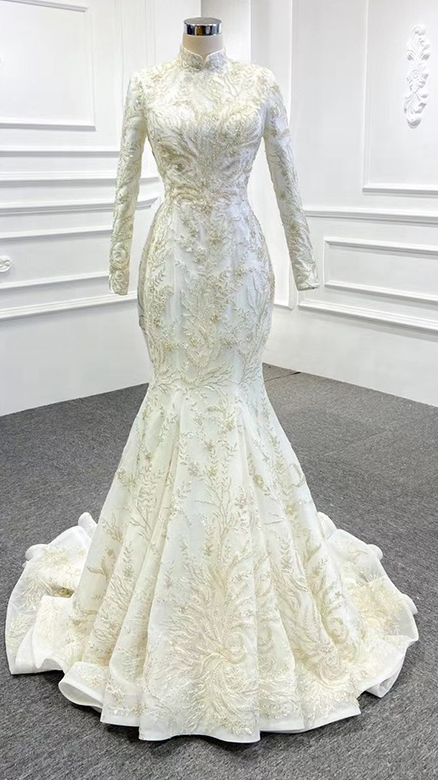 High Neck Long Sleeve Mermaid Quality Detachable Train Wedding Bridal Dress - Image 2