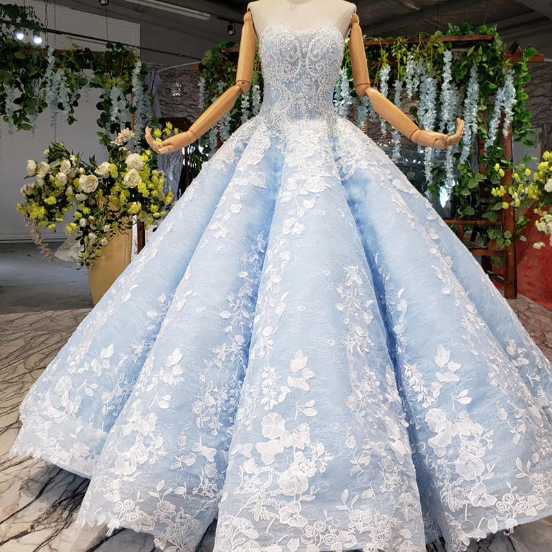 strapless sexy light blue ball gown pleat flower pattern evening dresses luxurious