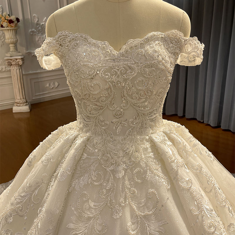 High Quality Lace Off Shoulder Ivory Bridal Wedding Ball Gown Dresses - Image 4
