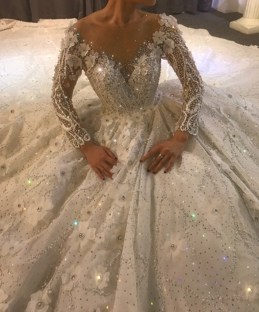 Elegant Luxury Deep V Neck Pearl 3D Flower Lace Sequins Bridal Backless Wedding Dress - Image 5