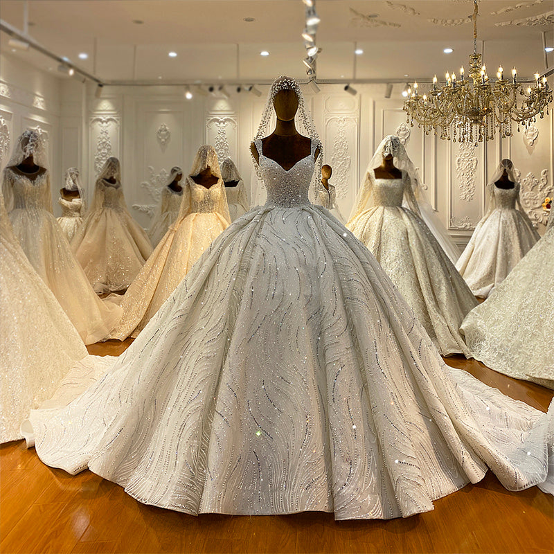 2022 New Luxury Wedding Dress Pearl Glazed Sling Lace Sparkling Bridal Dress - Image 3