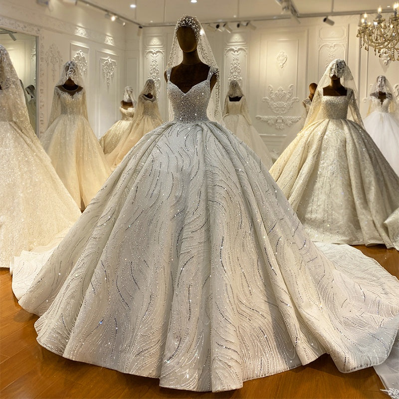 2022 New Luxury Wedding Dress Pearl Glazed Sling Lace Sparkling Bridal Dress