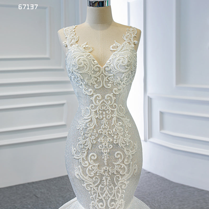 Mermaid Lace Applique Ivory Wedding Dress Bridal Dresses - Image 7