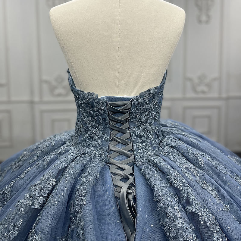 Elegant Blue Lace Sleeveless Ball Gown - Image 7