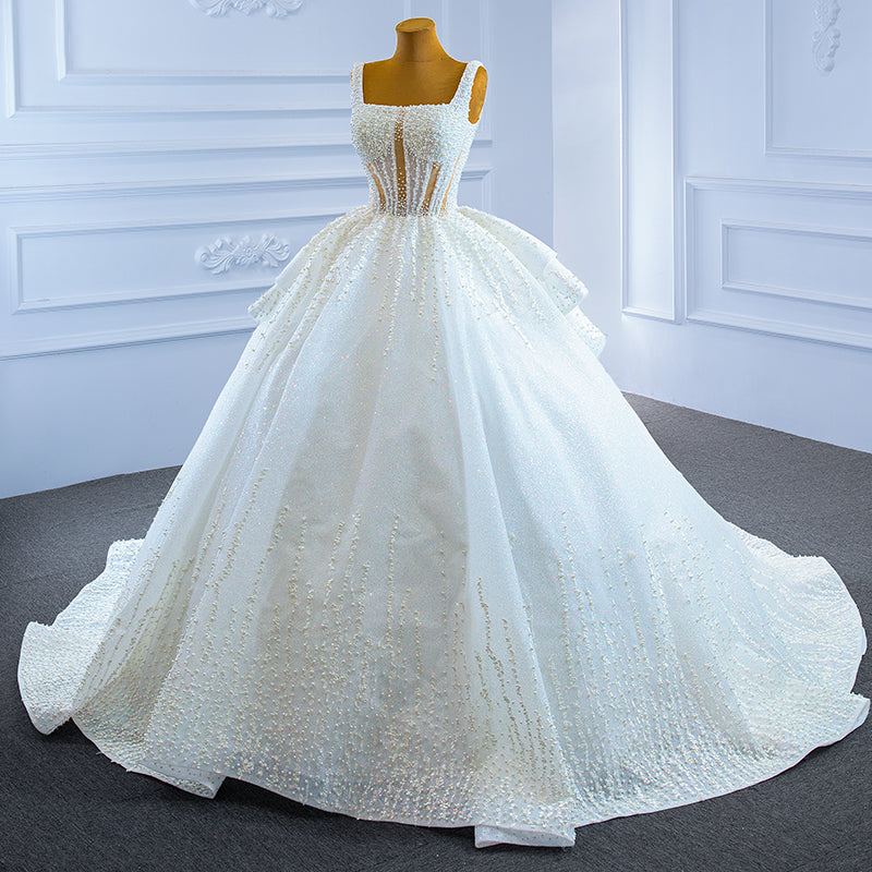 French Luxury Pearl Sequin Starry Sky Boho Wedding Dress