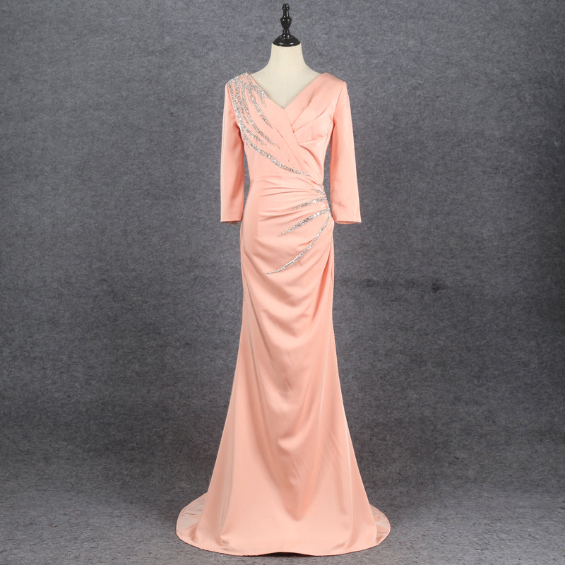 Pink Three-Quarter Sleeve Fishtail Sequin Evening Dress - Image 2