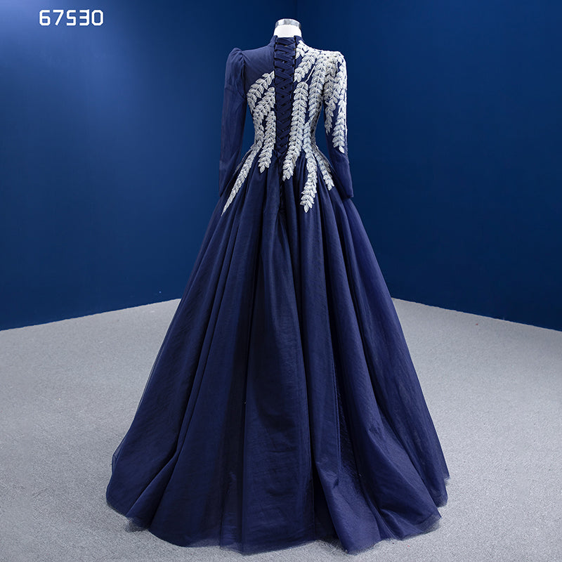 Latest Design High Quality Lace Feather Embroidered Long Sleeve Turtleneck Vintage Evening Dress - Image 4