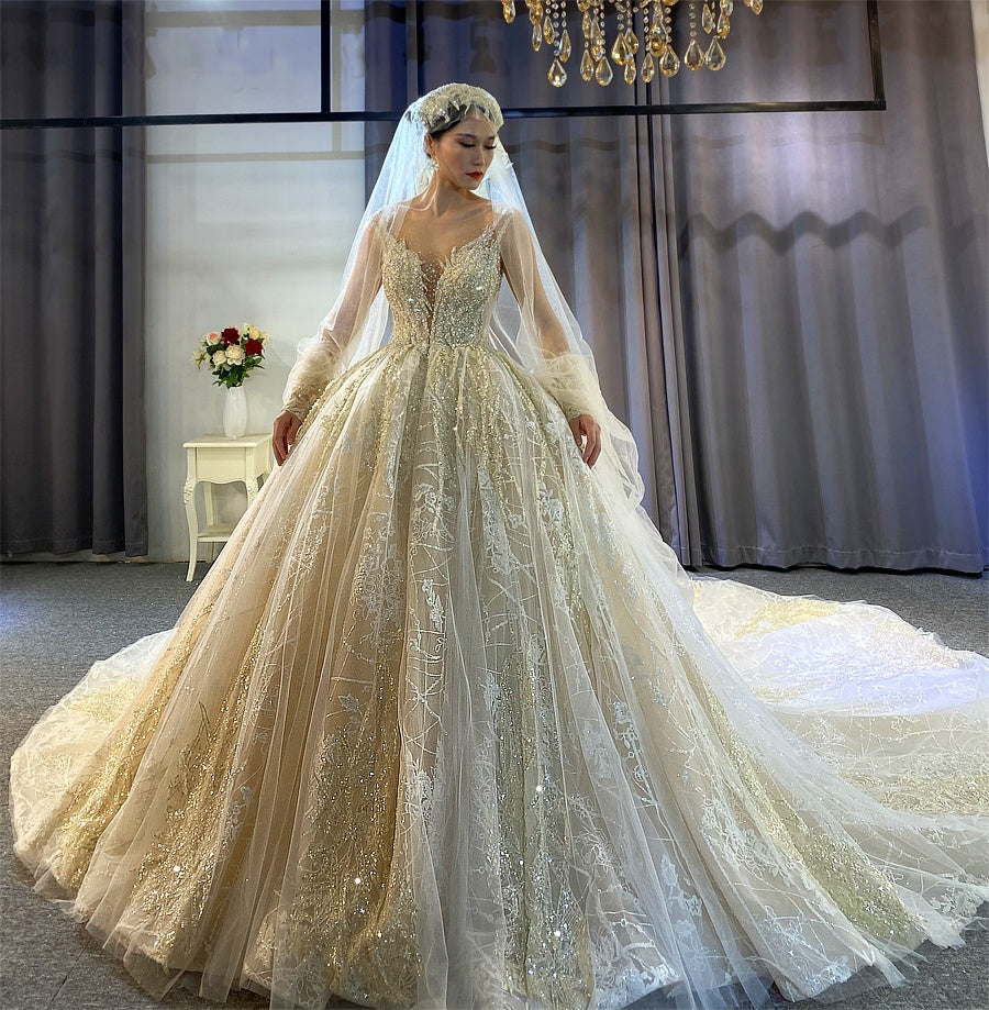 Lace Ball Gown Princess Tulle Appliqued Bridal Gowns Long Sleeves
