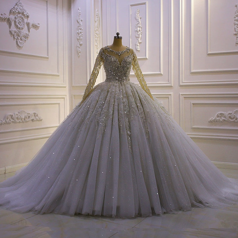 Custom Luxury Wedding Dress Long Sleeve Pearl Lace Fabric Shiny White Wedding Dress Bride
