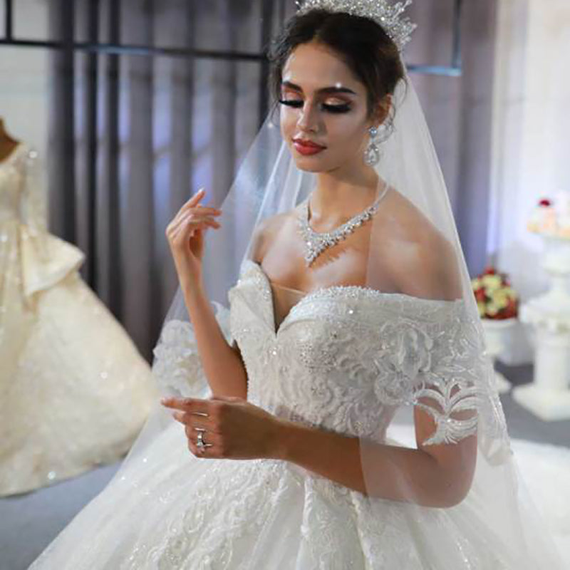 2022 New Elegant Bridal Wedding Dress Lace One Shoulder Embroidered White Princess Wedding Dress - Image 6