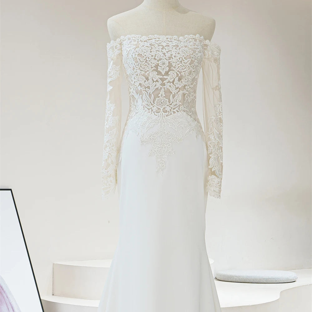 Beach Off Shoulder Boat Neck Lace Fabric Mermaid Wedding Dresses - Image 2