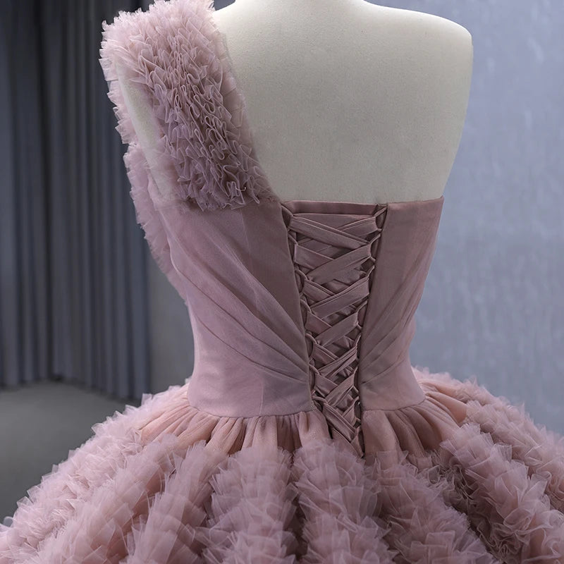 Intricate Shirred Prom Dress One-Shoulder Sleeveless Modest Backless Layered Puffy Tulle Floor Length Party Gowns - Image 4