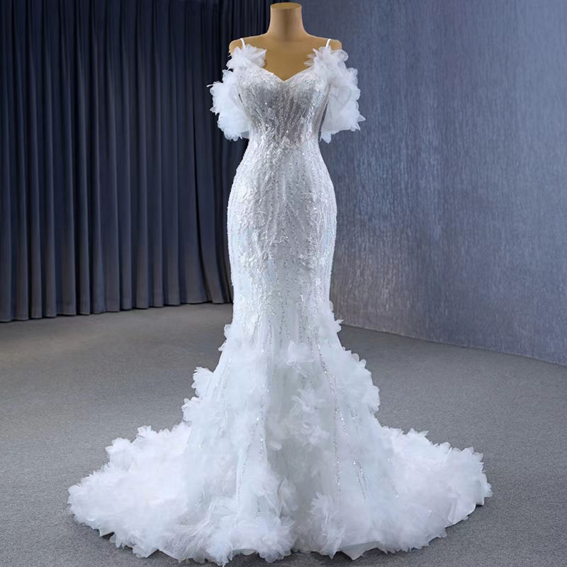 Feather Spaghetti Strap Mermaid Wedding Dresses - Image 2