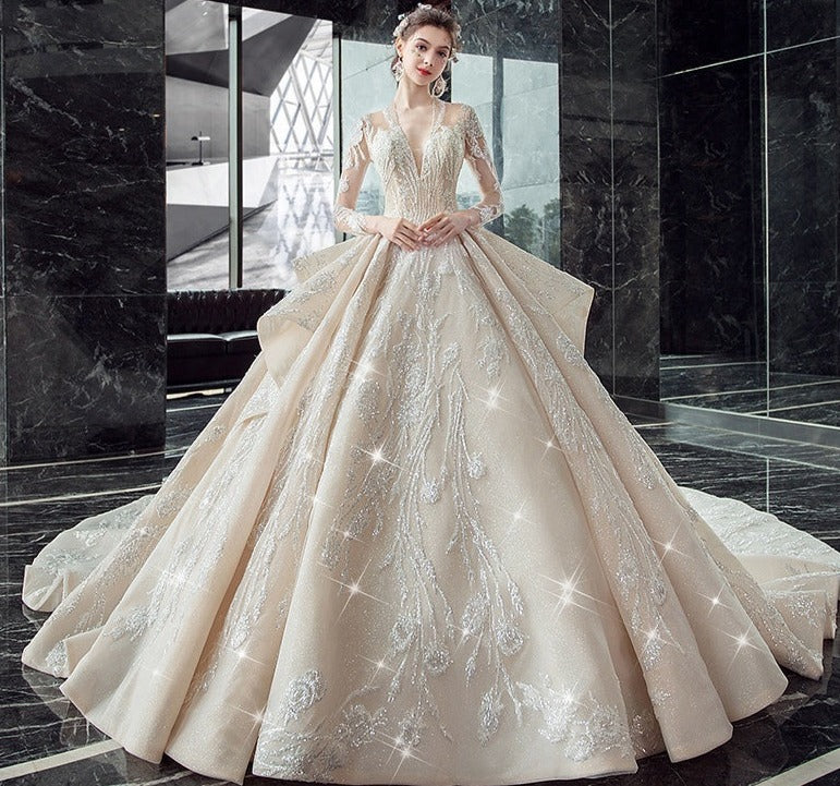 Deep V Neck Women Fashion Bridal Gowns Wedding Dresses With Sleeves