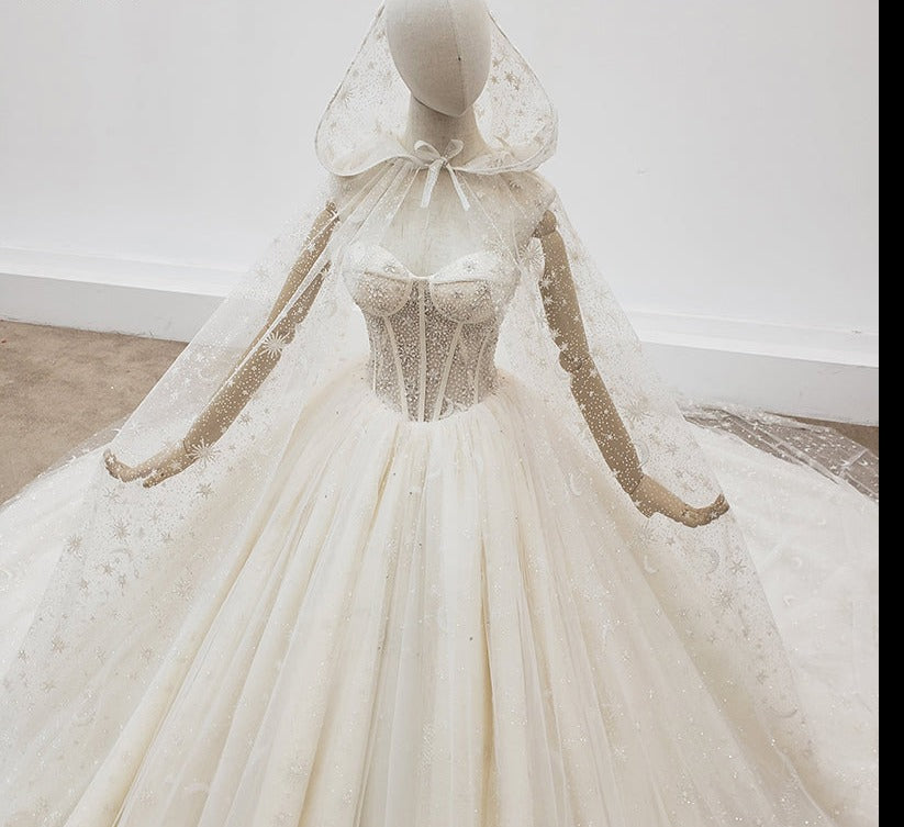 High Quality Embroidered Off Shoulder Princess With Hat Cape Wedding Dress - Image 5