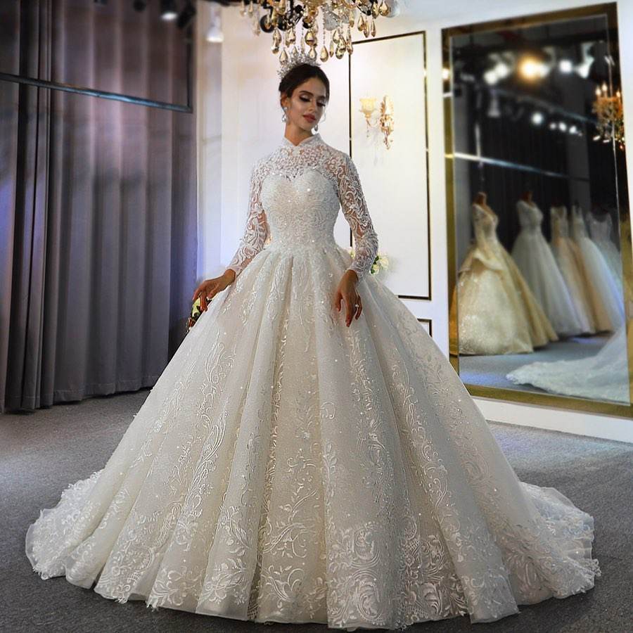Gorgeous Women Wedding Dress For Fairy Bride Pearls Floral Lace Tulle Skirt