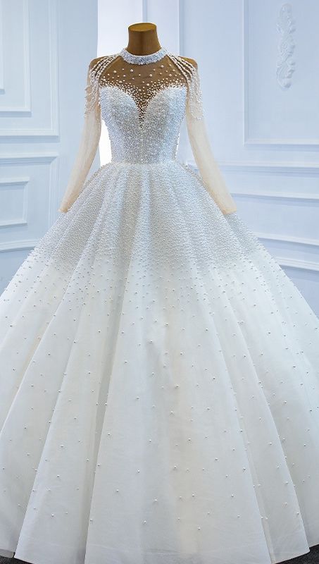 Modest Long Sleeve Elegant Luxury Full Pearl Wedding Dress - Image 2