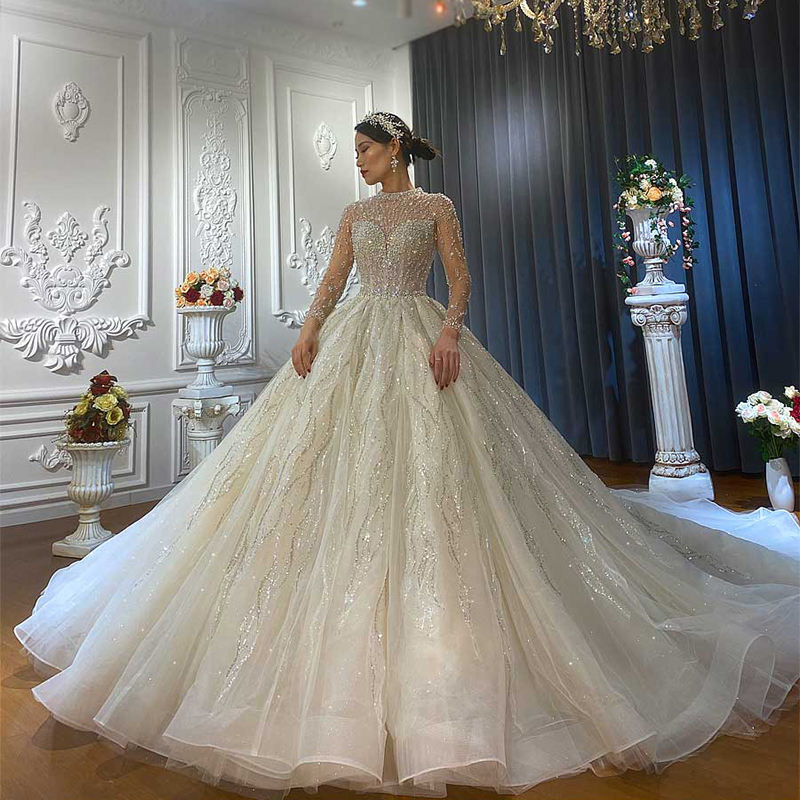 Luxury Sequins High Neck Beaded Bridal Wedding Gowns Dress For Women
