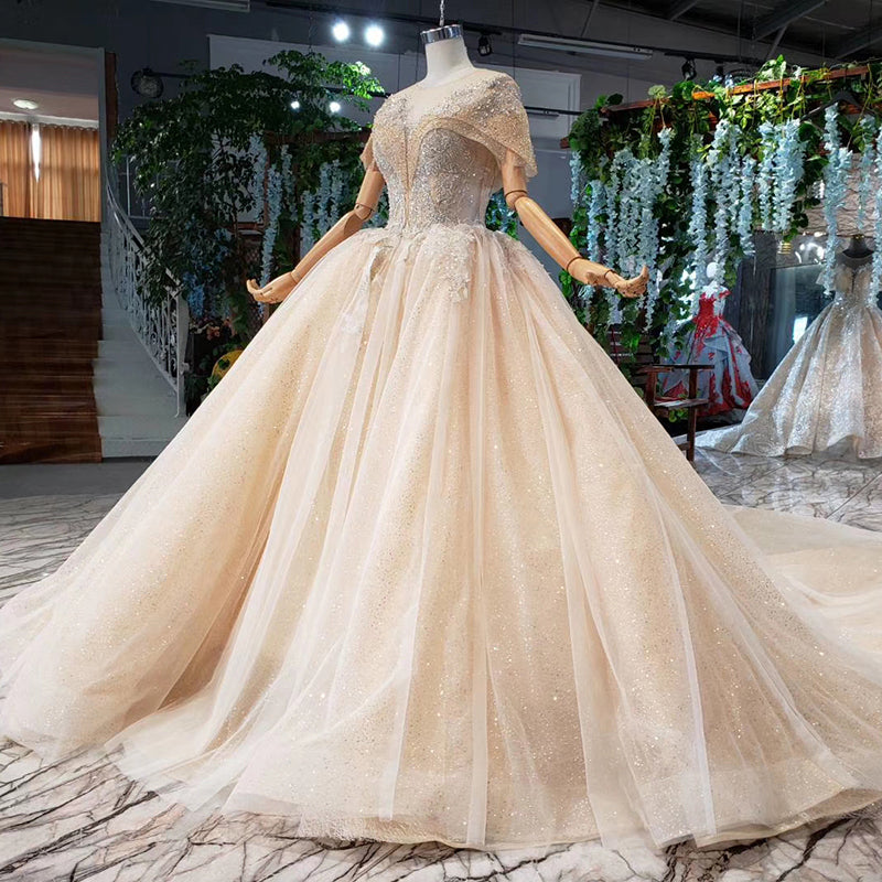 o neck cap sleevs lace long heavy beaded bridal dresses