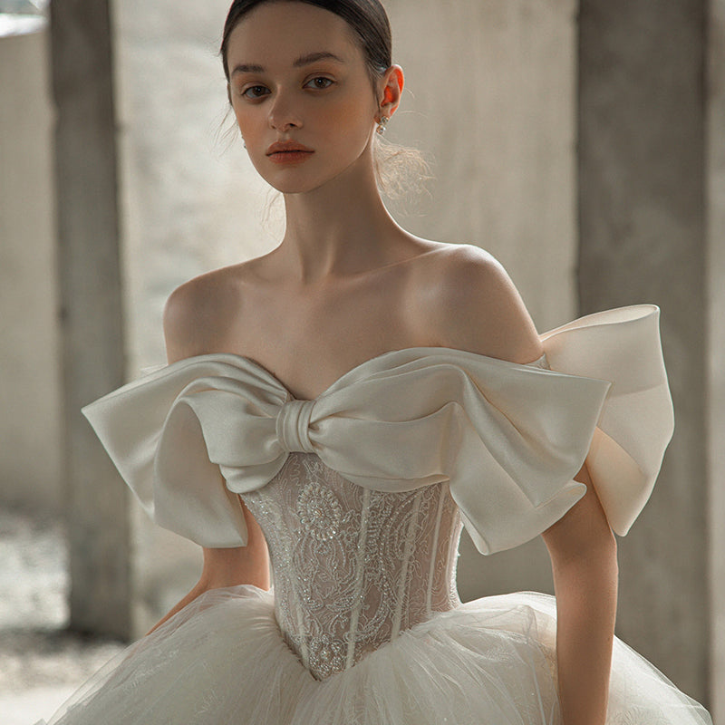 2022 New OFF-Shoulder Satin Bridal Custom Skirt Super Fairy Luxury Long Tail Wedding Dress - Image 4
