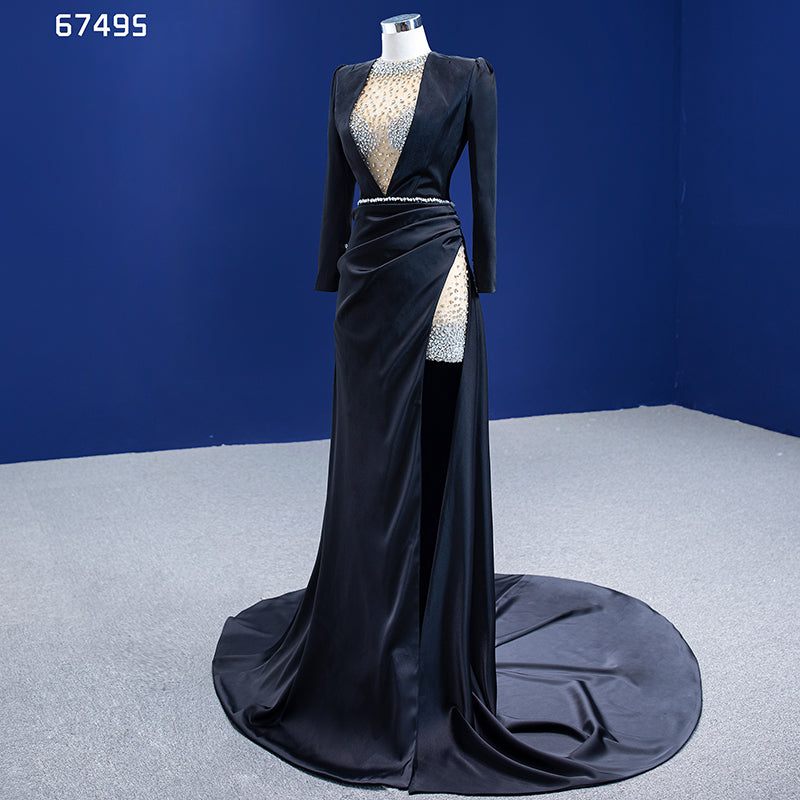 Latest Design Women Evening Dress High Quality Long Sleeve Satin Sexy Beaded Black