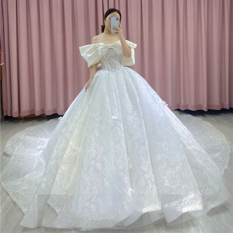 2022 New OFF-Shoulder Satin Bridal Custom Skirt Super Fairy Luxury Long Tail Wedding Dress - Image 6