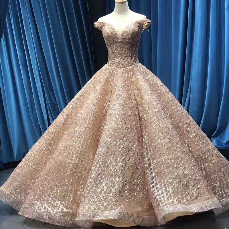 real off shoulder rose gold color elegant plus ball gown hot selling evening dress