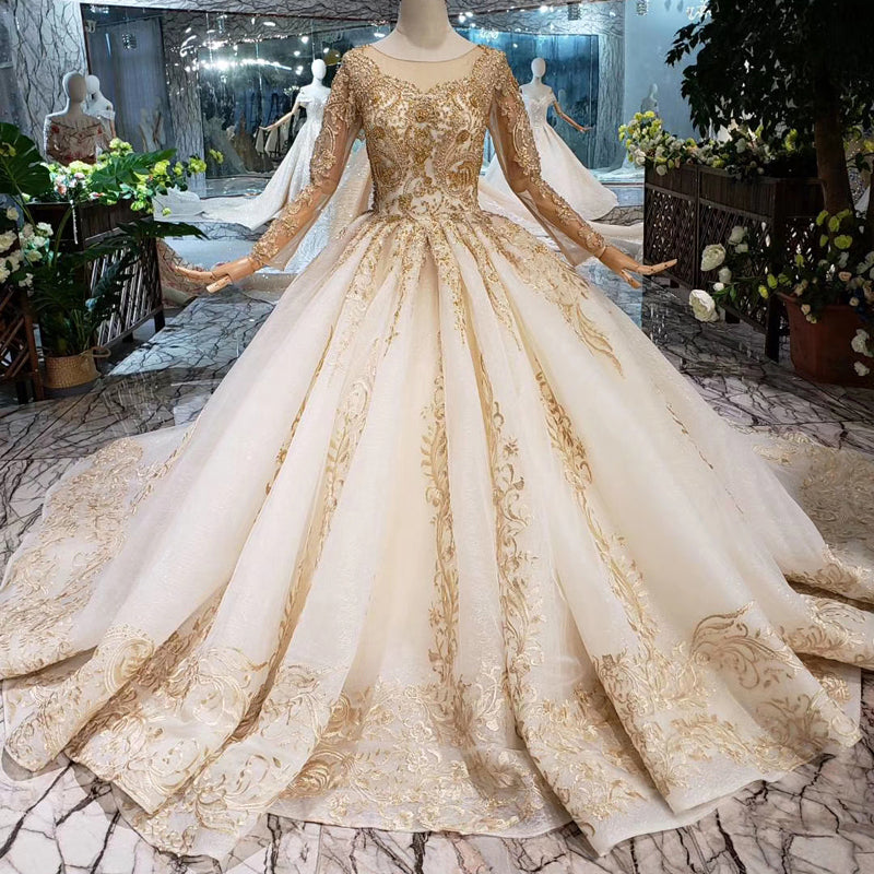 gold long sleeves lace rhinestone applique wedding dress chapel train gown