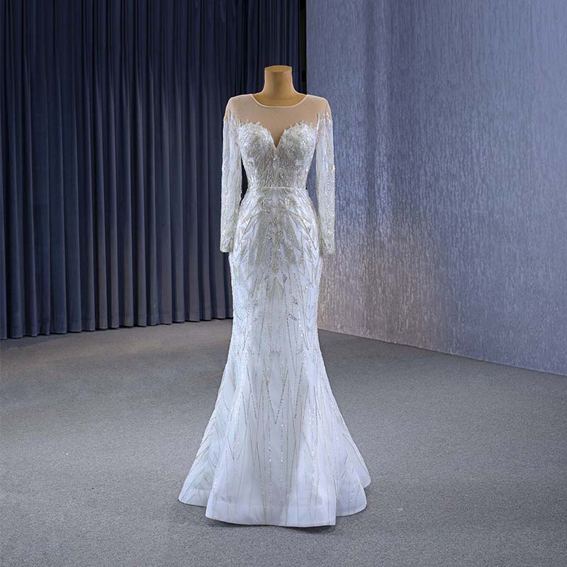 Ivory Belt Long Sleeve Mermaid Wedding Dress With Detachable Train