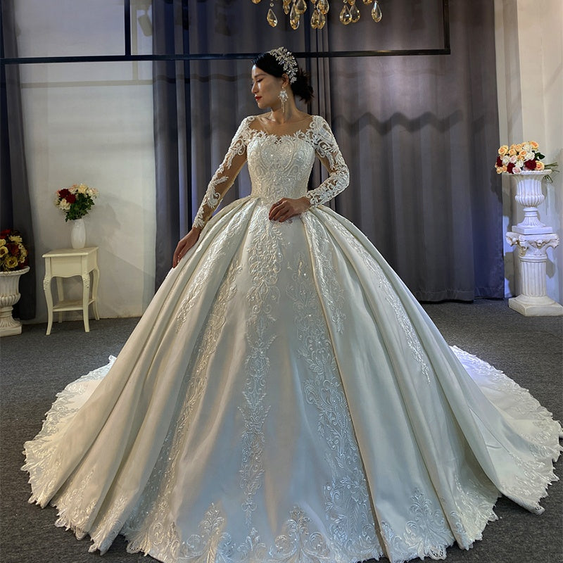 Romantic French White Slim Long-Sleeved Tail Wedding Dress Women'S Wedding Bridal Gown