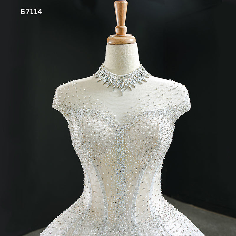 High Neck Beach Heavy Beaded Luxury See Though Wedding Gown - Image 6