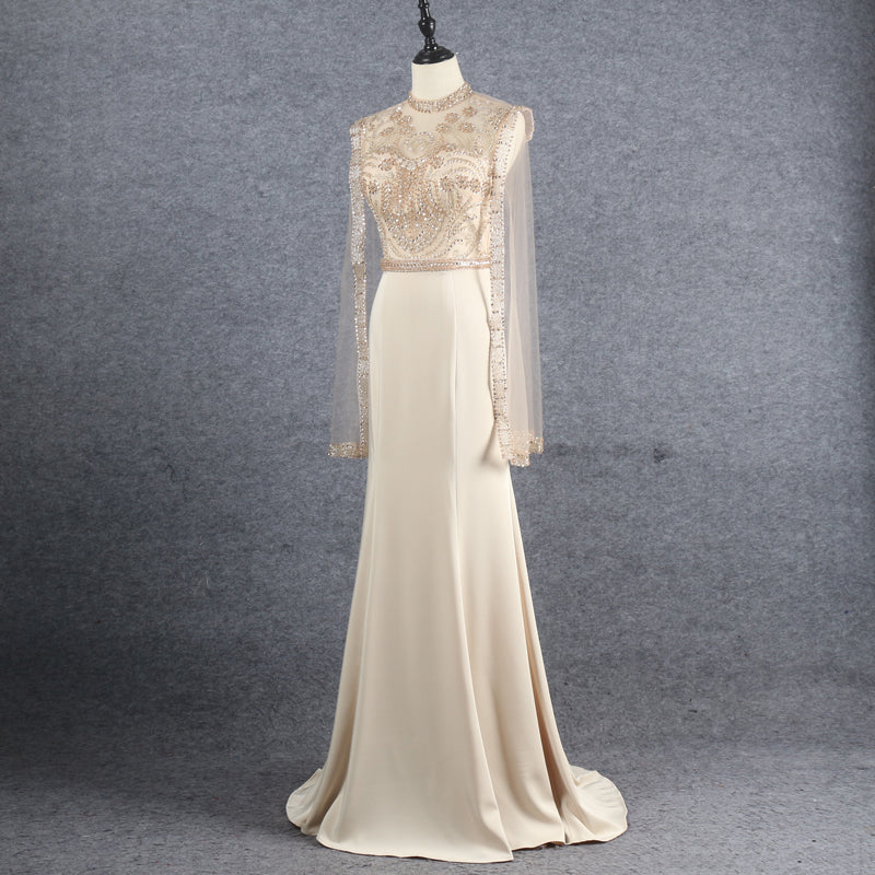 Ladies New Elegant Long Sleeve Lace Embroidered Pearl Slim Evening Dress - Image 4