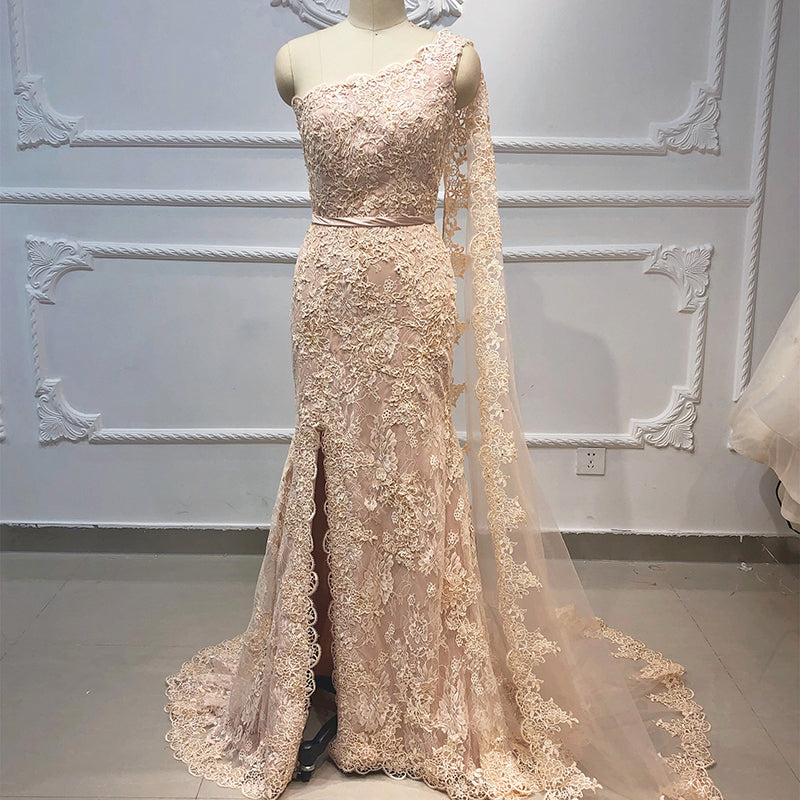 Latest Design Solid Color One Shoulder Shiny Sequin Party Dresses High Slit Full Length Women Evening Dresses