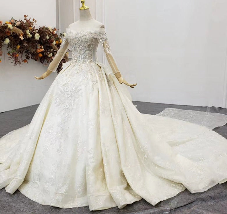 Boat Neck Lace Long Sleeve Wedding Dress