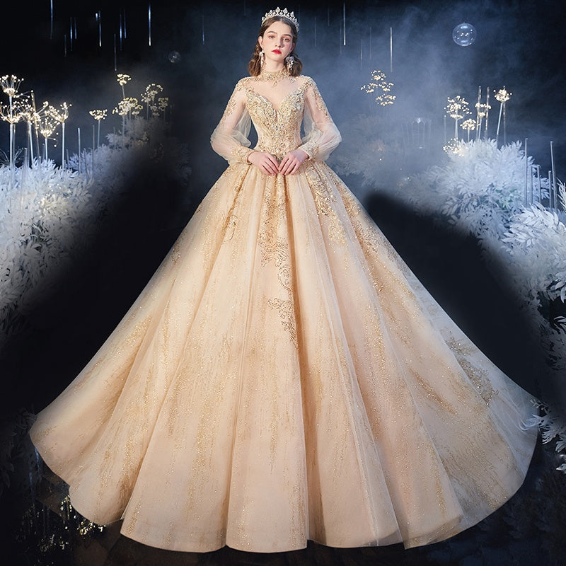 Champagne Empire Long Beautiful Wedding Dresses With Sleeves