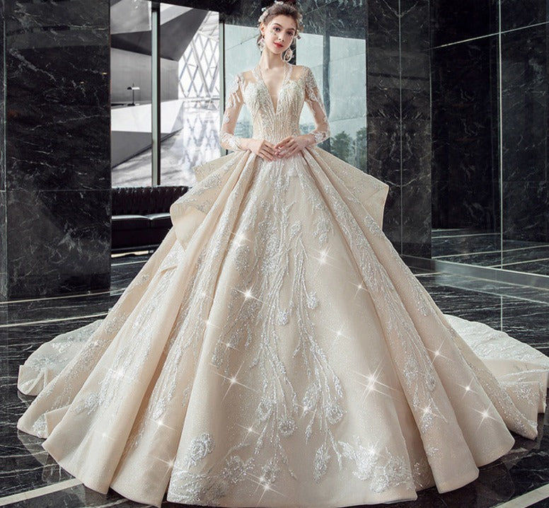 Deep V Neck Women Fashion Bridal Gowns Wedding Dresses With Sleeves - Image 7