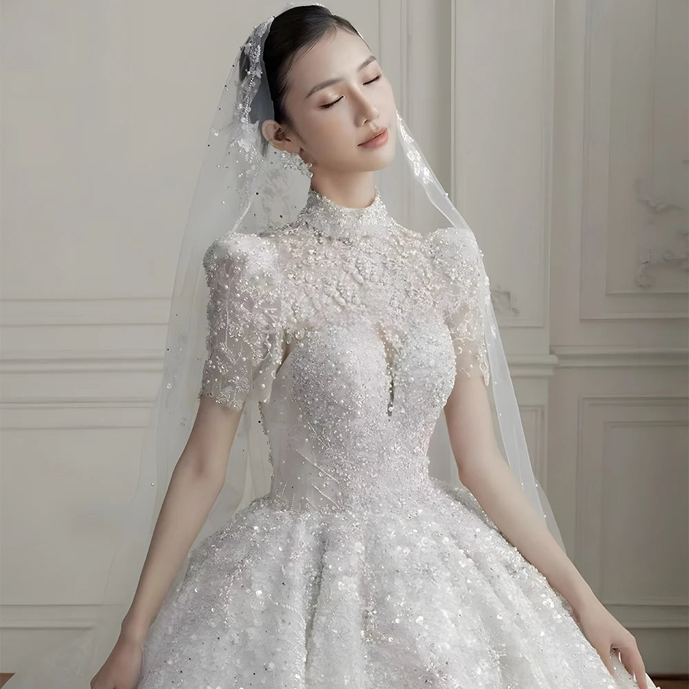 Pearls Wedding Dresses Beadings Puff Sleeve Tulle Lace Long Train Ball Bridal Gowns - Image 5