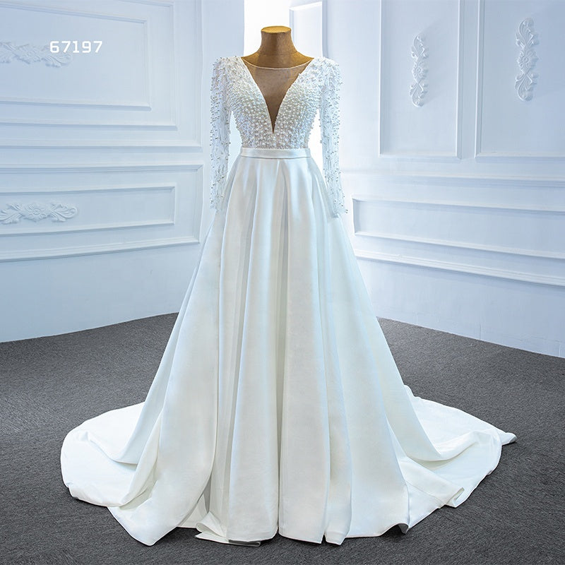 Long Sleeve Full Pearls Princess Ball Gown Wedding Dress - Image 3