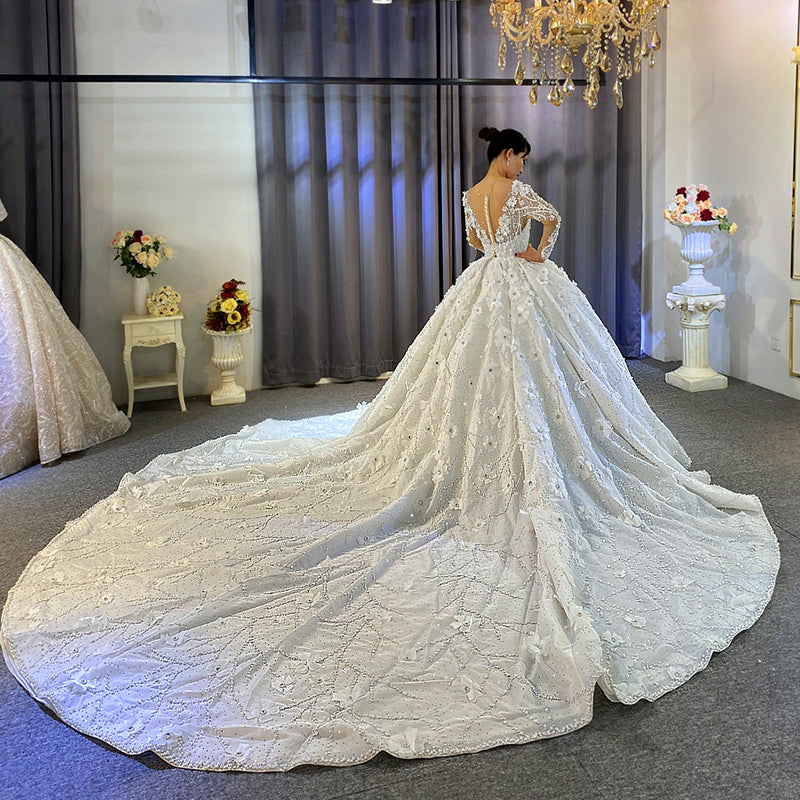 Elegant Luxury Deep V Neck Pearl 3D Flower Lace Sequins Bridal Backless Wedding Dress - Image 4