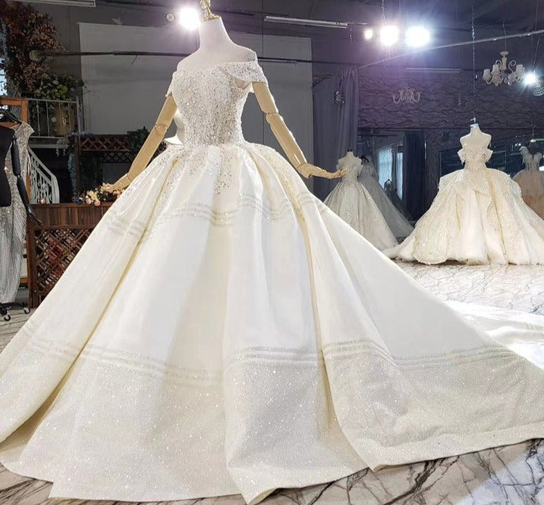 Off Shoulder Luxury Beading Sequin Ball Gown Wedding Princess Dress